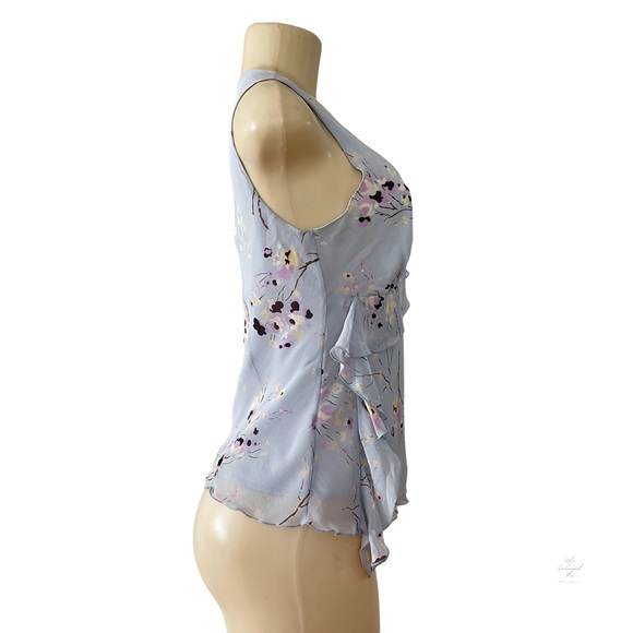 Banana Republic Blue Silk Ruffle Floral V-Neckline Sleeveless Blouse Woman’s S - Picture 3 of 7